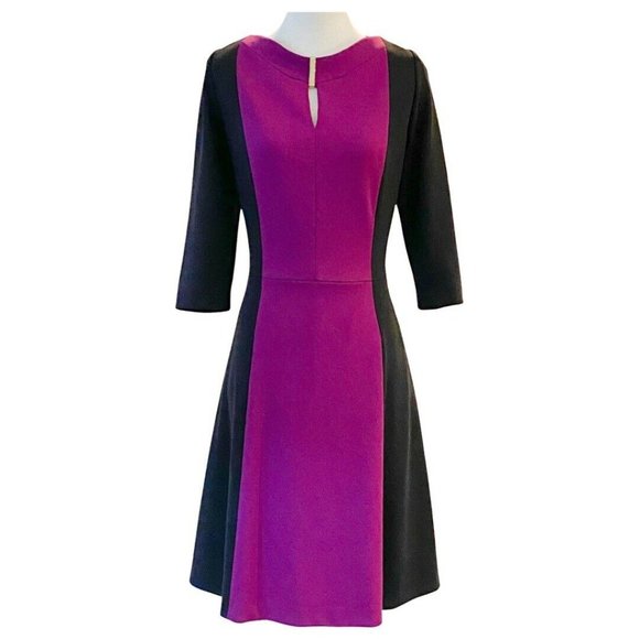 Tahari Dresses & Skirts - Tahari 3/4 Sleeve Round Neck Black-Pink Color Block Knit Fit- Flare Dress Sz 10
